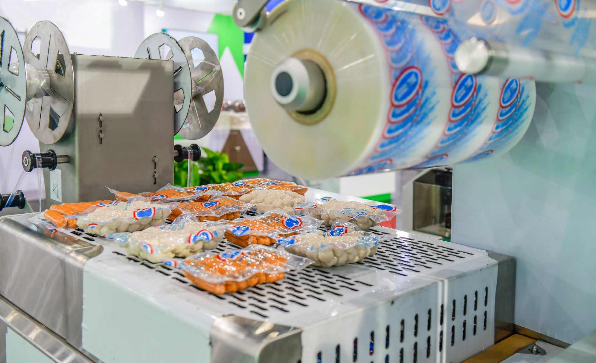Automatic food production line on conveyor belt equipment machinery in factory, industrial food production